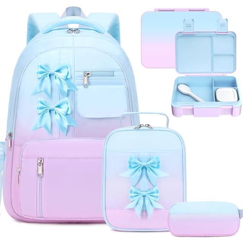 Bevalsa Backpack for Girls, Bow Kids Backpack with Bento Lunch Box, Insulated Bag & Utensils, 34oz Lunch Containers, Cute School Bookbag for Children Teens for Elementary Middle Student (Blue Purple) - color: Blue Purple