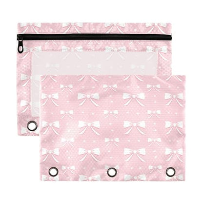 ATTX Pink Ribbon Bow Pencil Pouch for 3-Ring Binder - Large Capacity Clear Window Pencil Case with Smooth Zipper, Heavy Duty Office Supplies Organizer - color: Pink Ribbon Bow