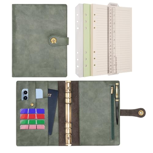 Wonderpool A5 Binder Journal Leather Spiral Notebook Refillable College Ruled Paper, Budget Binder Rings Diary Organizer with Pen for Office School Travel Business Planning Writing (Green,A5) - color: Green, size: A5