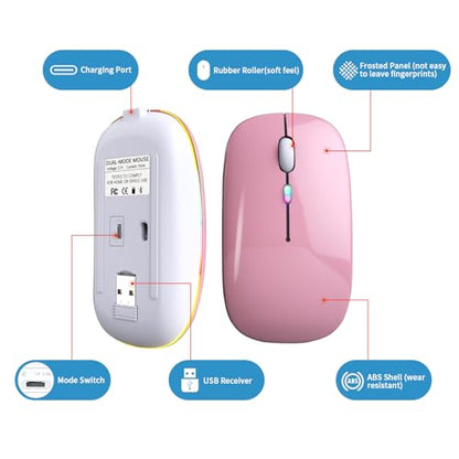 Wireless Bluetooth Mouse, Rechargeable, LED, Silent, Ultra-thin Design (Bluetooth 5.2 and 2.4GHz USB Receiver) | Portable Computer Mouse for Laptops, iPads, MacBooks and Apple Devices (Rose gold) - color: Rose gold