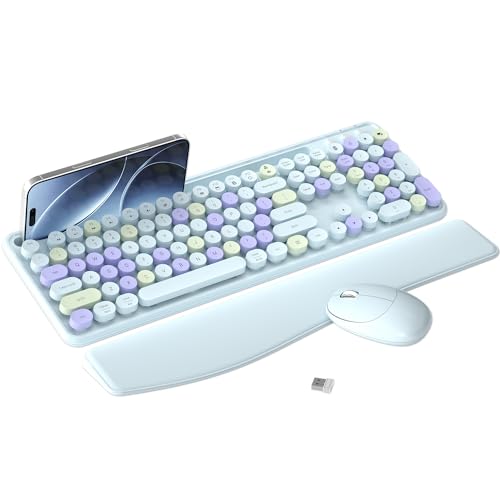 MPTOG Colorful Wireless Computer Keyboard and Mouse Combo with Phone Holder, Wrist Rest, Typewriter Keys, 2.4GHz Wireless, Full-Sized Optical Mouse for PC and Laptop (Light Blue) - color: Light Blue