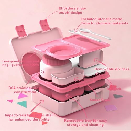Bento Box for Kids, Leakproof Kids Bento Lunch Box Container with 8oz Insulated Thermo Food Jar, Sauce Jar, Utensil, DIY Stickers for School Boys Girls, 3-4 Compartments, BPA-Free - color: Pink