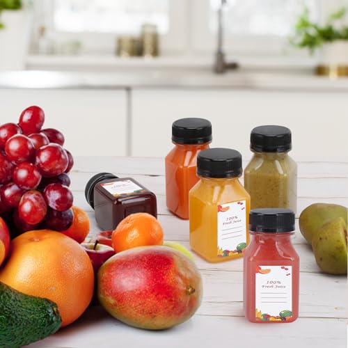 OBKJJ 80pcs 4oz Pcs Juice Bottles, Juice Bottle with Caps Reusable Empty Clear Bottles with Label, Funnel, Brush Bulk Beverage Containers for Juicing, Drinking, Smoothie and Other Beverages (4oz) - size: 4oz