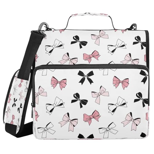 3-Ring Zipper Binder Bag, Bow 13 Inch Laptop Organizer with Shoulder Strap & Handle Multiple Pocket File Folder for School Office