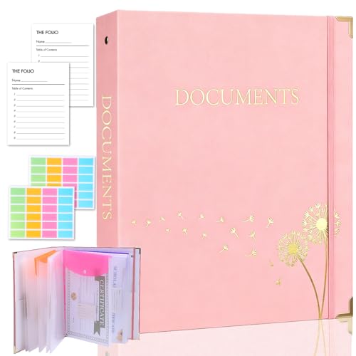 XKDOUS Aesthetic Document Organizer 3 Ring Emergency Binder Linen Folio Folders with 9 Pockets Expanding File Storage Holder for Important Papers, Letters, Passports, Photos - color: Pink