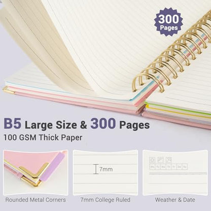 Hardcover Spiral Journal Notebook, 300 Pages 5 Subject Notebook College Ruled with Removable Dividers Tabs, 8" x 10" Notebooks for Work, Spiral Ruled Lined Writing Journal Hardcover Leather Notebook for School (Purple, 8''x 10'') - color: Purple