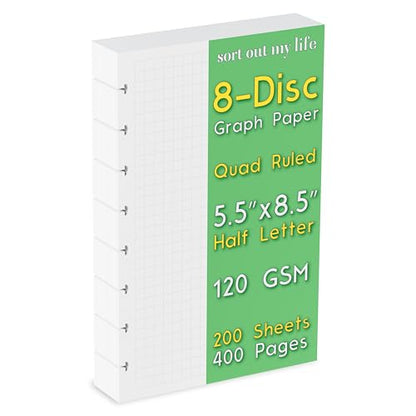 Half Letter Graph Paper Junior Size, 8-Disc Punched, Quad Ruled, 120GSM, 200 Sheets (400 Pages), 5.5 x 8.5 Inches, 1/4 Inch Squares Refill for Discbound Notebooks
