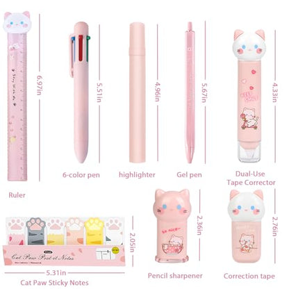 9Pcs Pink Cute Cat Stationery Gifts Set School Supplies Kawaii Japanese Stationery Christmas Birthday GIFS Includes Pencil Sharpener Highlighter Correction Tape Pens Ruler for Office School Supplies - style: 9pcs pink cute cat