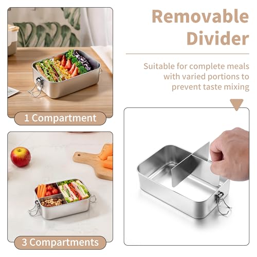 TeamFar 2 Pack Stainless Steel Bento Box, 28oz Metal Lunch Box | with 3 Compartments for Adults/Kids, Lunch Food Containers for School/Work/Meal Prep, Leak-Proof & Dishwasher Safe, 850ML - size: 850ML