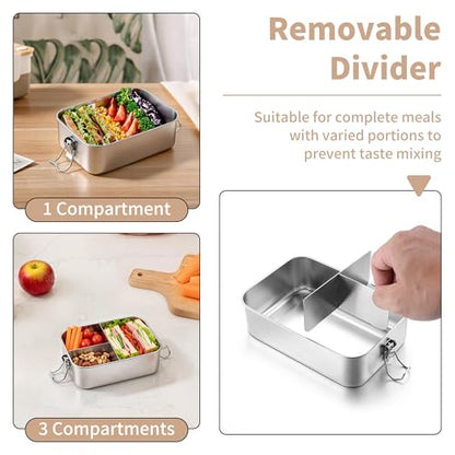 TeamFar 2 Pack Stainless Steel Bento Box, 28oz Metal Lunch Box | with 3 Compartments for Adults/Kids, Lunch Food Containers for School/Work/Meal Prep, Leak-Proof & Dishwasher Safe, 850ML - size: 850ML