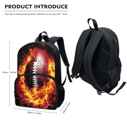 Horeset Football Flame Backpack for School Boys 3 Pack 17inch Schoolbag & Water Bottle Sling Bag & Picnic Lunch Tote Bag Elementary Middle School Bookbag with Side Mesh Pocket Padded Shoulder Straps - color: Football Flame