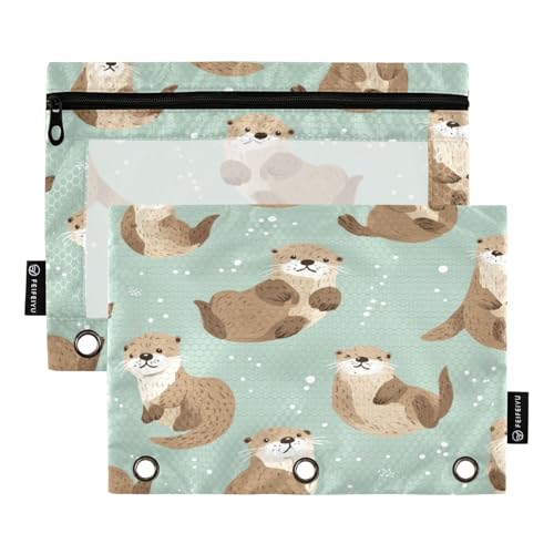 Pencil Pouch for 3 Ring Binder Cute Otters Pattern Clear Window Stationery Bag Pencil Case 2 Pack for Office School Supplies - color: Cute Otter