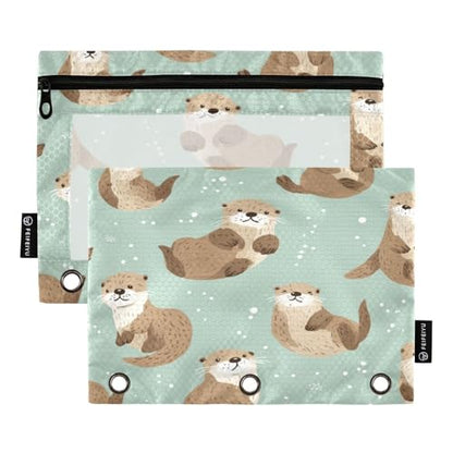 Pencil Pouch for 3 Ring Binder Cute Otters Pattern Clear Window Stationery Bag Pencil Case 2 Pack for Office School Supplies - color: Cute Otter