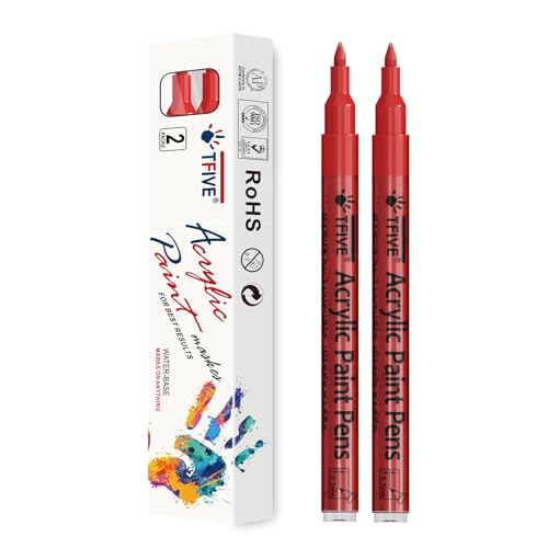 TFIVE Red Paint Pens - 2 Pack Acrylic Permanent Markers, 0.7mm Extra Fine Tip for Art Projects, Drawing, Rock Painting, Ceramic, Glass, Wood, Plastic, Metal, Canvas DIY Crafts - color: Red