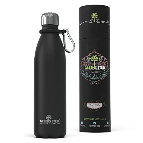 Greens Steel Stainless Steel Water Bottle - 25 oz, Black | Vacuum Insulated Double Wall with Screw Lid/Leak Proof | Thermal Travel Sports Canteen Coffee Flask - color: Black, size: 25 Ounces