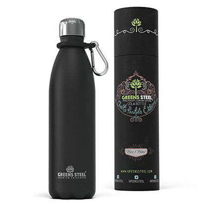Greens Steel Stainless Steel Water Bottle - 25 oz, Black | Vacuum Insulated Double Wall with Screw Lid/Leak Proof | Thermal Travel Sports Canteen Coffee Flask - color: Black, size: 25 Ounces