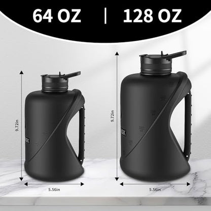 1 Gallon Water Bottle with Straw and Chug Lid, Dishwasher Safe Large Gym Jug, BPA Free Leakproof Plastic Sports Flask with Easy to Clean Handle & Carry Strap, 128 oz Water Bottle - color: Black, size: 128 Ounces