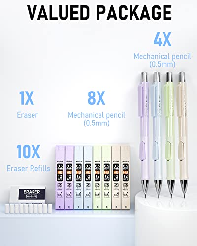 Nicpro 4PCS Pastel Mechanical Pencil 0.5mm, Cute Fast Click Mechanical Pencils Set with 100PCS HB Lead Refills, Erasers and Eraser Refills, Aesthetic School Supplies for Writing, Drawing, Sketching | 100PCS HB Lead Refills, Erasers and Eraser Refills, Aes