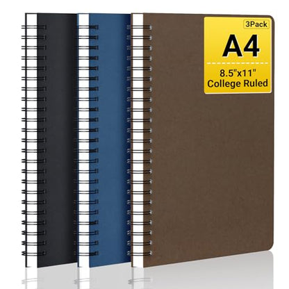 EUSOAR Spiral Notebook, 3 Packs A4 8.5"x11" Notebooks College Ruled, 120Pages/ 60Sheets Lined Composition Notebook，Thick Paper Notebook Journals Student Office Traveling Diary-Black,Royal Blue,Coffee - color: Black/Royal Blue/Coffee, size: 3Packs
