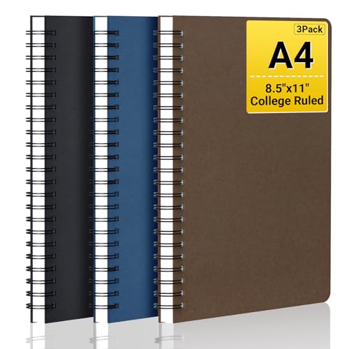 EUSOAR Spiral Notebook, 3 Packs A4 8.5"x11" Notebooks College Ruled, 120Pages/ 60Sheets Lined Composition Notebook，Thick Paper Notebook Journals Student Office Traveling Diary-Black,Royal Blue,Coffee - color: Black/Royal Blue/Coffee, size: 3Packs