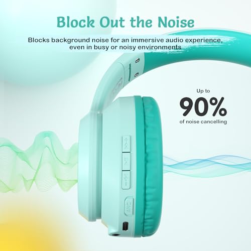TONOSHARK Kids Bluetooth Headphones with Active Noise Cancelling, Wireless Over-Ear Headphones for Boys Girls, Foldable, Adjustable,40H Playtime, Mic for School Travel (Mint Green) - color: Mint Green