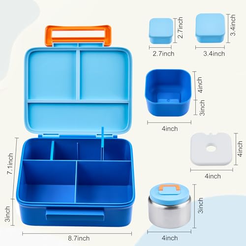 Bento Lunch Box for Kids with 8oz Soup Thermo Leak-Proof Lunch Food Containers with Snack Sauce Container for Kid Girls Boys to School, Blue - color: Pure Blue