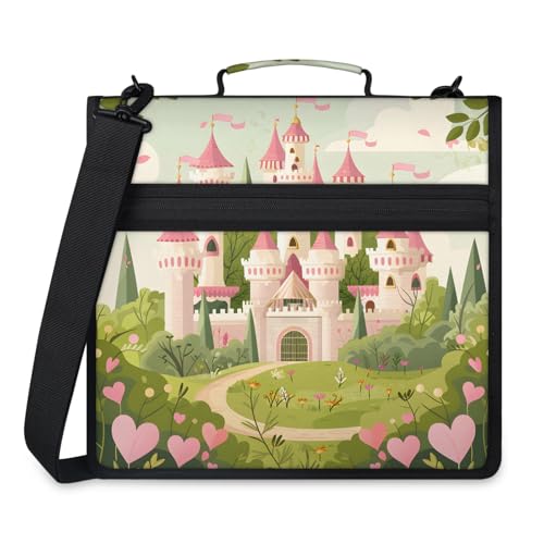 Castle Pink Zipper Binder, 3 D-Ring Expanding File Folder with Handle & Adjustable Shoulder Strap, 400 Sheets Capacity Multi-Pocket Organizer for 13 Inch Laptop - color: Castle Pink