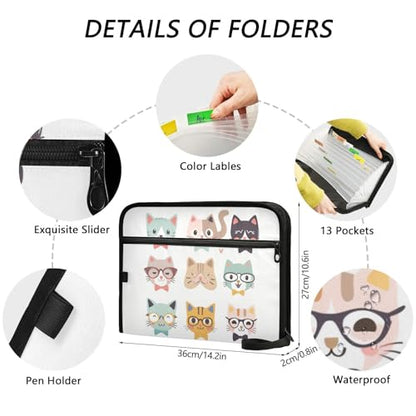 Funny Cats Expanding Accordion File Folder with 13 Pockets and Zipper Closure - color: Funny Cats