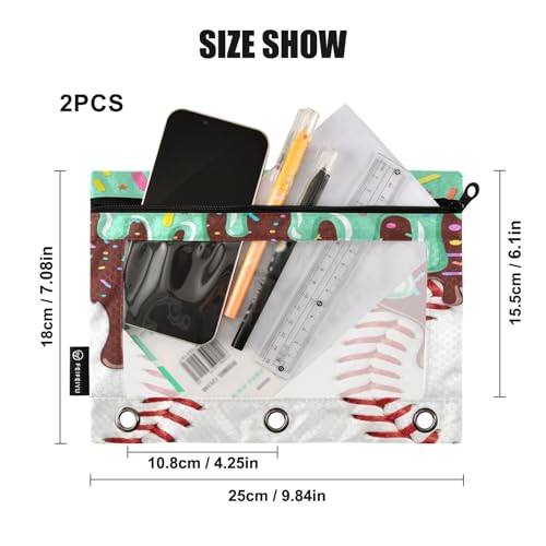 Gredecor 3 Ring Binder Pencil Pouch, Ice Cream Baseball (1) Zippered Pen Case Pouches with Clear Window, 2 Pack Stylish Office & School Supplie - color: Ice Cream Baseball (1)