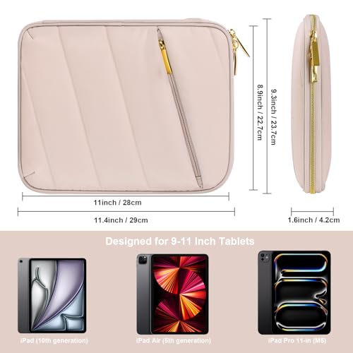 Puffy Tablet Sleeve 9-11", Fits iPad with Hard Case or Keyboard Case On | Water-repellent quilted shell, padded; iPad Air 11" & Galaxy Tab S9/S8 fit; charger & earbuds pockets, commute & travel ready - color: Puffy Khaki, size: 9-11