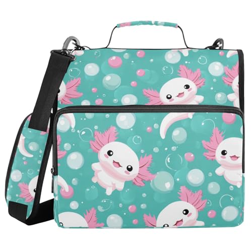 Gredecor 3 D-Ring Zipper Binder 1.5 in Waterproof Kawaii Axolotl Turquoise Binder with Zipper Shoulder Strap, Multi-Pockets Organizer Bag for School & Office Supplies, Storage 500 Sheets Capacity - color: Kawaii Axolotl Turquoise