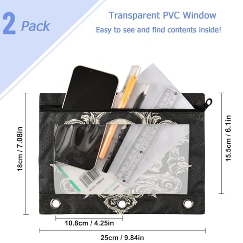 2 Pack Gothic Skulls Grunge Style Art Logo 3 Ring Binder Pencil Pouches Bags,Clear Window Storage Case with Zipper for Boys Girls School Office Supplies Cosmetics Organizers - color: Multi-skull