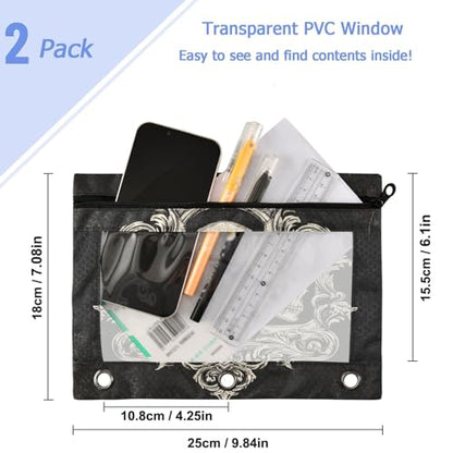 2 Pack Gothic Skulls Grunge Style Art Logo 3 Ring Binder Pencil Pouches Bags,Clear Window Storage Case with Zipper for Boys Girls School Office Supplies Cosmetics Organizers - color: Multi-skull