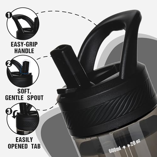 OLDLEY 20oz Kids Water Bottle with Straw, BPA-Free Tritan Water Bottle for School, Leakproof Clear Water Bottle with One Click Open, Measurement Scale, Cup Holder Friendly for Boys Girls,Black - color: A-Black