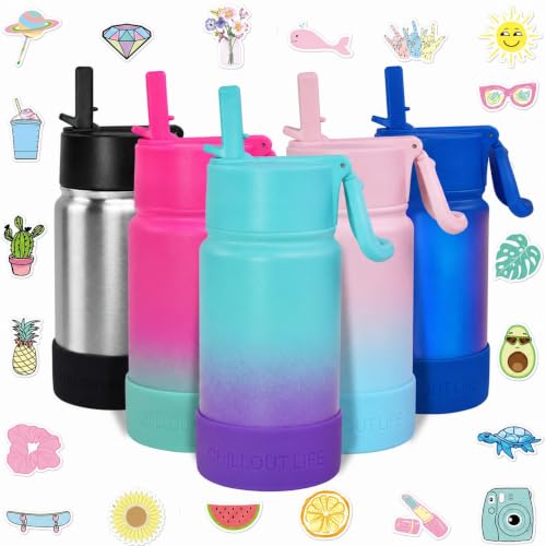 CHILLOUT LIFE 12oz Kids Insulated Stainless Steel Water Bottle with Leak Proof Straw Lid & 144 Stickers - color: Caribbean Lily, style: 12 oz
