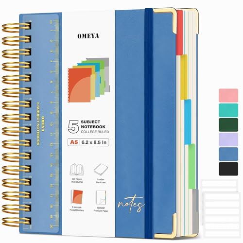 Leather 5 Subject Spiral Notebook: Hardcover College Ruled Notebook with Pocket Dividers & Ruler, 300 Pages 100GSM Thick Writing Spiral Journal for Women Men, Lined A5 Notebooks for Work School, 6"x8" - color: Dark Blue, size: A5