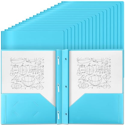 Yeaqee 30 Pcs Plastic Folders with Pockets and Prongs Plastic Folder 2 Pockets 3 Prongs with Card Slot for Office, School for Students, Teachers, Office Workers (Light Blue) - color: Light Blue