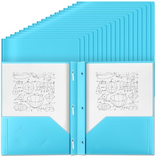 Yeaqee 30 Pcs Plastic Folders with Pockets and Prongs Plastic Folder 2 Pockets 3 Prongs with Card Slot for Office, School for Students, Teachers, Office Workers (Light Blue) - color: Light Blue