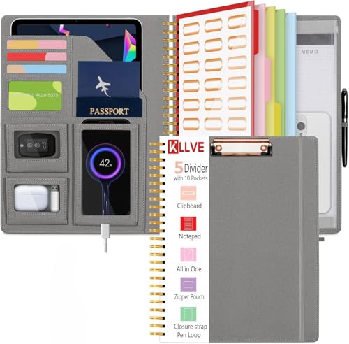 Grey Foldable Spiral Clipboard Folio with Storage Zipper Pouch, 5 Plastic Folders with Pockets,Refillable Lined Notepad (8.5" x 11"), Hardcover Project Organizer with 39 Stickers - color: Gray