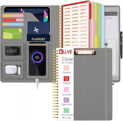 Grey Foldable Spiral Clipboard Folio with Storage Zipper Pouch, 5 Plastic Folders with Pockets,Refillable Lined Notepad (8.5" x 11"), Hardcover Project Organizer with 39 Stickers - color: Gray