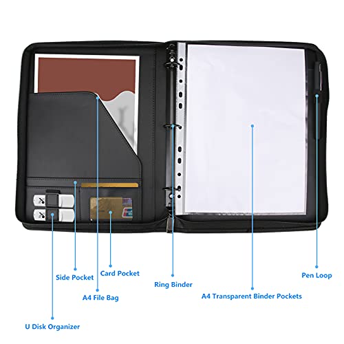 Zippered Portfolio 3 Ring Binder with 8 Pockes, Leather Business Padfolio with Zipper, A4 Document Binder Organizer for School Office