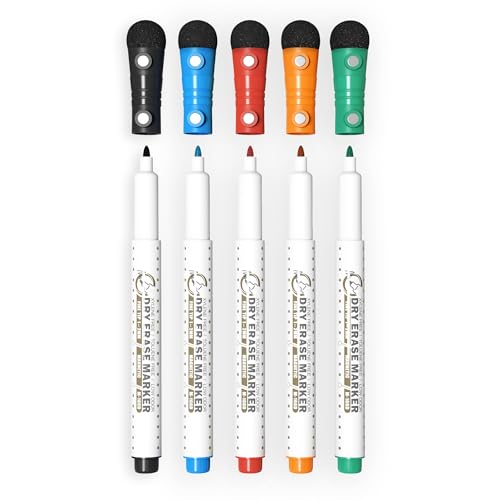 Magnetic Dry Erase Whiteboard Markers, 1mm Fine Tip, 5 Pack Classic | Fridge calendar replacement colors, dual-magnet strong hold, more ink for longer use, eraser caps, 5 spare tips