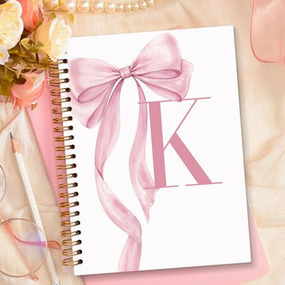 JXREQ Coquette Pink Bow Personalized Notebook, Initial Letter K Monogram Journal, Preppy Girly Ribbon Bow Journal, Monogrammed Gifts for Women, Aesthetic Spiral Notebook 5.5x8.3 - color: Kpink