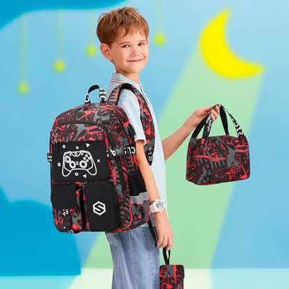 Scothen Boys Backpack, Cool Luminous School Backpacks for Boys with Lunch Bag Pencil Case, Kids Backpack Kindergarten Elementary Middle School Book Bags for Teen Boy Children with USB Charging Port - color: Black-red