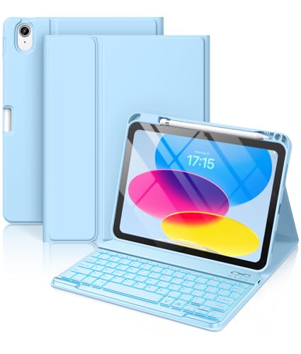 Hamile for iPad 11th 10th Generation Case with Keyboard - 7 Colors Backlit Wireless Detachable Folio Keyboard Cover with Pencil Holder for iPad 11-inch A16 2025 10th Gen 10.9 Inch 2022 (Sky Blue) - color: Sky Blue