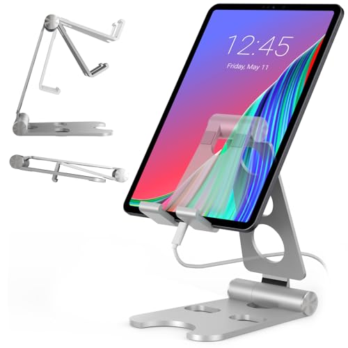 Kado Tablet Stand with Cord Holder Aluminum Alloy Foldable Phone Stand | Compatible with iPad mini/Air/Pro 11/12.9, Galaxy Tablet/Phone, iPhone Pro/Max/Plus, Kindle, Portable Monitor Display 4"-16'' - size: Silver