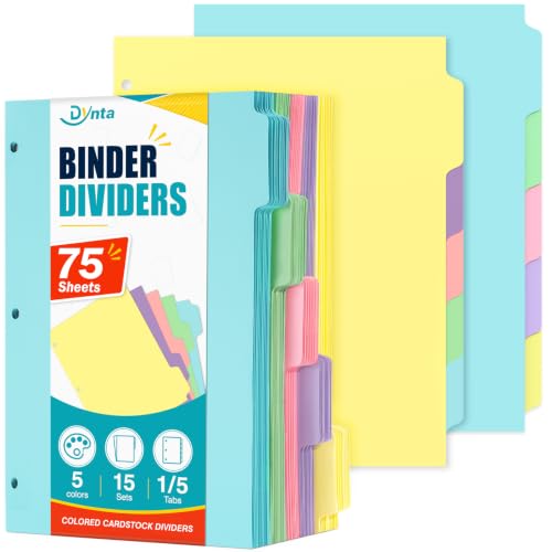 Dynta 15 Sets Binder Dividers 75 Dividers, 8.5 X 11 Paper Binder Dividers Blank with 5 Big Tabs for School, Office and Home, Colorful