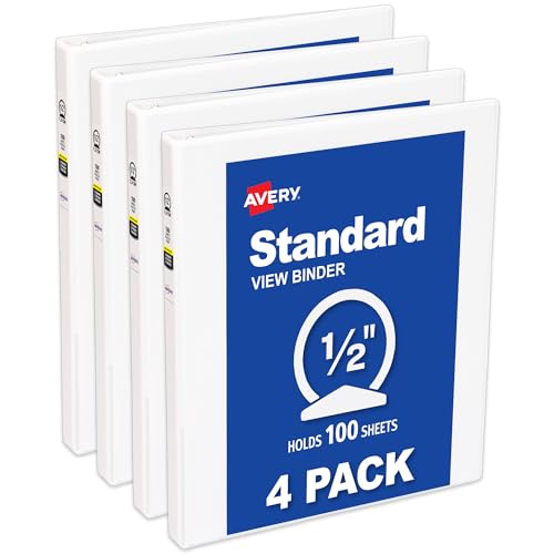 Avery Standard View 3 Ring Binder, 0.5" Round Rings, 100-Sheet Capacity, 0.7 Inch Wide Spine, 4 White Binders, Ideal for Lightweight Organization and Occasional Referencing (07792) - size: 0.5"