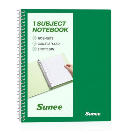 SUNEE Spiral Notebook, 1-Subject, College Ruled Paper, 8" x 10-1/2", 100 Sheets per Notebook, 3-Hole Punched Paper, Water Resistant Cover, Double-sided Pockets, Dark Green - color: Dark Green