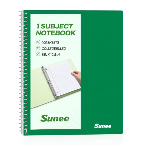 SUNEE Spiral Notebook, 1-Subject, College Ruled Paper, 8" x 10-1/2", 100 Sheets per Notebook, 3-Hole Punched Paper, Water Resistant Cover, Double-sided Pockets, Dark Green - color: Dark Green